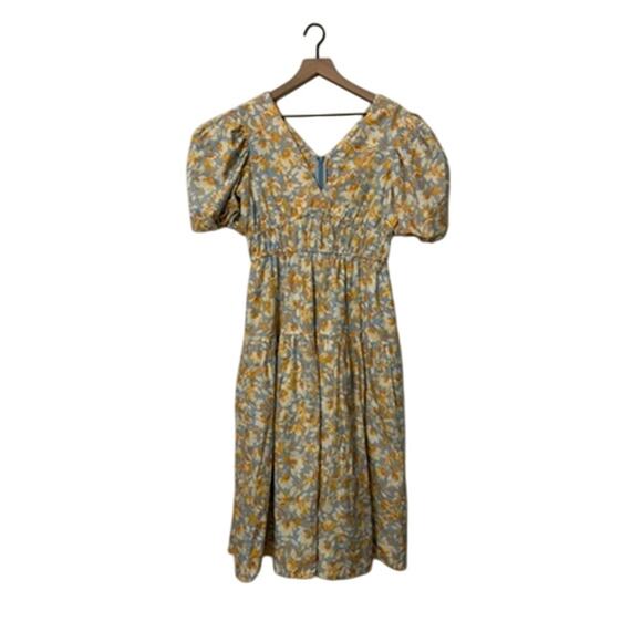 Tuckernuck Hyacinth House Blue and Orange Floral Puff Sleeve Pauline Midi Dress - Picture 2 of 4